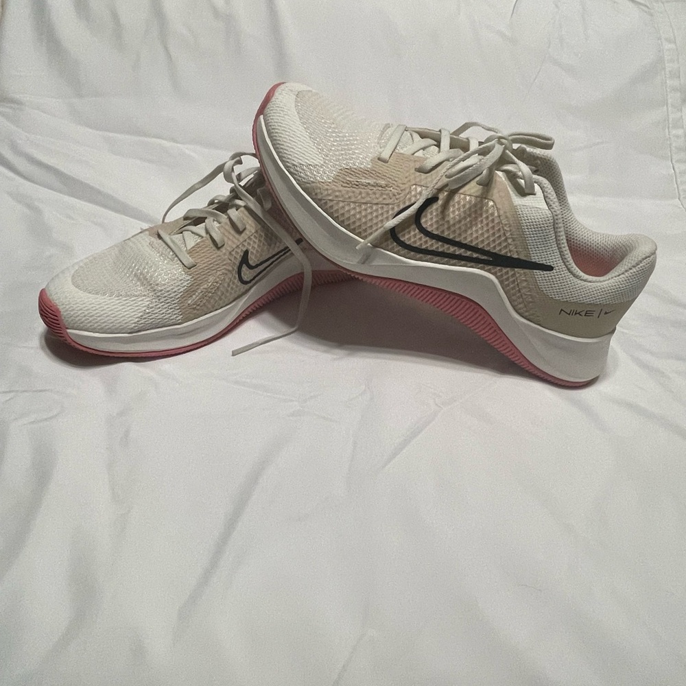 Nike Women’s Cream and Pink Training Sneakers with Black Swoosh
